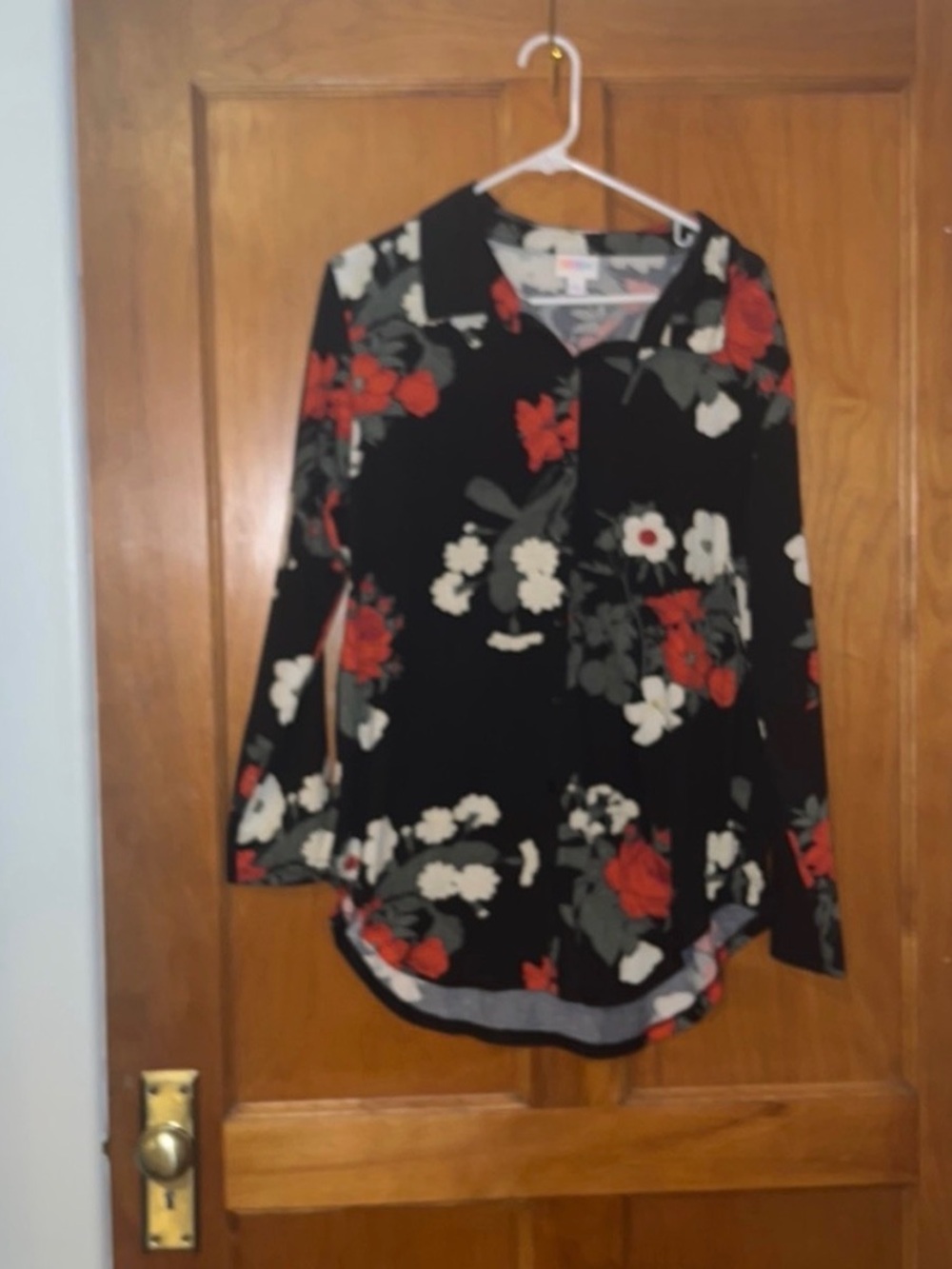LuLaRoe Black Button-Front Top with Red, Cream, and Gray Floral Print